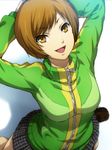  brown_eyes brown_hair hairu hands_on_own_head open_mouth persona persona_4 satonaka_chie short_hair solo 