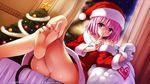  bare_legs bare_shoulders barefoot blush christmas christmas_tree crossed_legs demon_tail detexted feet finger_to_mouth hands hat highres index_finger_raised looking_at_viewer momo_velia_deviluke no_panties official_art pink_hair pov_feet purple_eyes sack santa_costume santa_hat short_hair shushing sitting smile soles solo tail thighs third-party_edit to_love-ru to_love-ru_darkness toenails toes wallpaper wiggling_toes yabuki_kentarou 