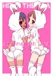  animal_costume animal_ears animal_hood ass black_hair brown_eyes brown_hair bunny_costume bunny_ears frame gloves hirasawa_ui hood k-on! looking_back multiple_girls nakano_azusa one_eye_closed pink_background shimo shorts_tan simple_background tan tanline thighhighs 