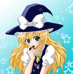  blonde_hair blue_eyes braid buttons hair_ribbon hat kirisame_marisa ribbon sakurai_makoto_(custom_size) solo star touhou witch_hat 