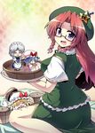  =_= bamboo_steamer bat_wings bespectacled blonde_hair blue_eyes bow braid flandre_scarlet giantess glasses hat hong_meiling izayoi_sakuya knife knifed minigirl multiple_girls red_hair remilia_scarlet short_hair side_ponytail side_slit silver_hair smile teapot tekehiro touhou twin_braids wings 