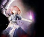  arufa_(hourai-sugar) bad_id bad_pixiv_id dress hair_bobbles hair_ornament hitodama onozuka_komachi red_eyes red_hair scythe short_hair smile solo touhou two_side_up 