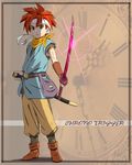  chrono_trigger crono katana left-handed male_focus red_hair saitoyu00 sheath solo spiked_hair sword weapon 