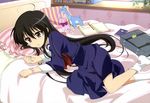  absurdres ahoge alastor_(shakugan_no_shana) bed bed_sheet black_hair brown_eyes highres long_hair lying nyantype official_art on_side ootsuka_mai pillow scan school_uniform shakugan_no_shana shana socks solo stuffed_animal stuffed_toy very_long_hair 