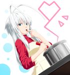  antenna_hair apron blue_eyes chocolate chocolate_making cooking dutch_angle finger_sucking finger_to_mouth flat_chest heart highres kentairui ladle long_hair mitsuha_(kentairui) original polka_dot pot sleeves_pushed_up solo standing sweater turtleneck white_hair 