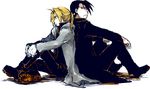  artist_request back-to-back black_hair blonde_hair edward_elric fullmetal_alchemist greed looking_back multiple_boys ponytail red_eyes sitting 