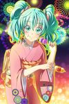  :t aerial_fireworks bad_id bad_pixiv_id dango eating face fireworks food green_eyes green_hair hair_up hatsune_miku japanese_clothes kaminary night obi sash short_twintails smile solo staring twintails vocaloid wagashi 