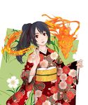  :&lt; black_hair cat cherry_blossoms fire floral_print flower head_tilt japanese_clothes kimono masato_(mirai_koubou) multicolored multicolored_clothes multicolored_kimono original red_eyes solo 
