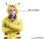  bad_id bad_pixiv_id blonde_hair cosplay crossed_arms fate/stay_night fate_(series) gen_1_pokemon gilgamesh headphones hood hoodie hwansang male_focus pikachu pikachu_(cosplay) pokemon red_eyes simple_background solo white_background 