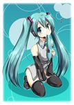  aqua_eyes aqua_hair black_legwear blush boots bottomless detached_sleeves fujimoto_akio hair_ornament hatsune_miku headset impossible_clothes impossible_shirt kneeling long_hair mouth_hold musical_note necktie shirt sleeveless sleeveless_shirt solo thigh_boots thighhighs twintails very_long_hair vocaloid 