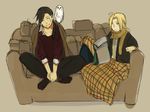  animal animal_on_shoulder artist_request bird bird_on_shoulder black_hair blanket blonde_hair box couch crossed_legs edward_elric fullmetal_alchemist ling_yao multiple_boys one_eye_closed owl ponytail scarf sitting source_request yellow_eyes 