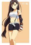  belt black_hair blush breasts brown_eyes cleavage copyright_name crop_top earrings elbow_gloves elbow_pads final_fantasy final_fantasy_vii fingerless_gloves gloves jewelry legs long_hair low-tied_long_hair medium_breasts midriff navel orange_background pencil_skirt ponytail shin'ya_(nanp) skirt solo suspender_skirt suspenders tank_top tifa_lockhart very_long_hair 