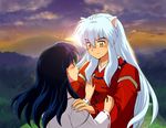  1girl animal_ears black_hair couple dog_ears hand_on_shoulder hetero higurashi_kagome inuyasha inuyasha_(character) japanese_clothes jewelry landscape long_hair miko ring smile sunrise tennen_shiori white_hair yellow_eyes 