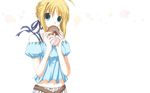  ahoge artoria_pendragon_(all) blonde_hair blurry bokeh depth_of_field doughnut fate/stay_night fate_(series) food green_eyes kanade_(wakamest) navel saber simple_background solo white_background 