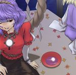  abo_(hechouchou) blonde_hair breasts cup dress full_moon highres leaf long_hair medium_breasts mirror moon moriya_suwako multiple_girls night one_eye_closed purple_hair red_eyes reflection rope sakazuki shide shimenawa sitting sleeves_past_wrists smile touhou wide_sleeves yasaka_kanako 