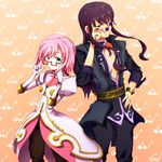  1girl bespectacled blue_eyes bracelet brown_eyes estellise_sidos_heurassein glasses gloves jewelry long_hair moai_amon orange_background pink_hair purple_hair red-framed_eyewear short_hair smile tales_of_(series) tales_of_vesperia yuri_lowell 