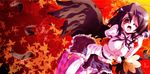  breasts brown_hair feathers hairband hat large_breasts leaf looking_at_viewer maple_leaf microphone miuku_(marine_sapphire) one_eye_closed open_mouth red_eyes shameimaru_aya smile solo thighhighs tokin_hat touhou wings zettai_ryouiki 
