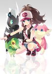  audino baseball_cap blitzle blue_eyes brown_hair gen_5_pokemon hat hijiki_(hijikini) long_hair poke_ball pokemon pokemon_(creature) pokemon_(game) pokemon_bw ponytail shorts smile snivy touko_(pokemon) vest wristband 