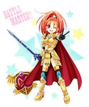  armor bad_id bad_pixiv_id barbara boots cape dragon_quest dragon_quest_vi earrings gloves high_ponytail jewelry miele one_eye_closed open_mouth orange_hair ponytail purple_eyes shield star sword thighhighs v weapon 