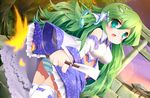  :3 detached_sleeves dutch_angle frog green_eyes green_hair hair_ornament kochiya_sanae koha long_hair panties petticoat snake solo striped striped_panties thighhighs touhou underwear upskirt 