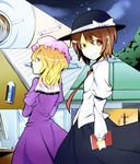  blonde_hair book bow brand_name_imitation brown_eyes brown_hair cup dress eraser hat hiro_(scarlettginger) looking_back maribel_hearn multiple_girls necktie night notebook pen power_lines purple_eyes ribbon short_hair star tea teacup tombow_mono touhou tree usami_renko 