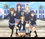  akiyama_mio bad_id bad_pixiv_id black_eyes black_hair blonde_hair brown_eyes brown_hair closed_eyes hirasawa_yui k-on! kotobuki_tsumugi long_hair multiple_girls nakano_azusa pantyhose ryouma_(galley) salute school_uniform short_hair tainaka_ritsu twintails vulcan_salute 