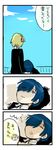  1girl 4koma aegis_(persona) bad_id bad_pixiv_id blonde_hair blue_eyes blue_hair bow comic hair_over_one_eye kida_yuu persona persona_3 spoilers translation_request yuuki_makoto 