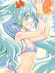  arms_up bad_id bad_pixiv_id ball beachball bikini flower green_eyes green_hair hatsune_miku hibiscus long_hair ricco solo swimsuit tegaki twintails vocaloid 