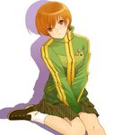  between_thighs brown_eyes brown_hair hijiri_ruka jacket persona persona_4 satonaka_chie school_uniform short_hair skirt smiley_face solo track_jacket v_arms 