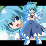  &gt;:) :d blue_eyes blue_hair bow cirno crossed_arms dress hair_bow kasu_kazu letterboxed no_shoes open_mouth ponytail smile solo touhou v-shaped_eyebrows wings zoom_layer 