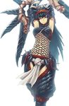  animal_ears armor armpits arms_up baggy_pants bare_shoulders blue_eyes blue_hair breasts elbow_gloves fishnets gloves guchico hairband highres large_breasts long_hair midriff monster_hunter nargacuga_(armor) navel pants smile solo sword weapon 
