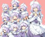  :d blush breasts closed_eyes eating expressions food food_on_face hands_on_own_face hands_together hat highres index_finger_raised kokka_han large_breasts lavender_hair letty_whiterock multiple_persona no_hat no_headwear open_mouth outstretched_hand own_hands_together purple_eyes rice short_hair smile smirk spoon touhou 