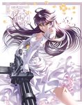  black_hair breasts cleavage cora dress elbow_gloves flower gatling_gun gloves gun highres large_breasts long_hair maeda_hiroyuki metal_max_3 petals solo strapless strapless_dress trigger_discipline weapon white_dress white_gloves yellow_eyes 