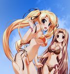  bikini blonde_hair blue_eyes blush bracelet breasts brown_eyes brown_hair cleavage cover frilled_bikini frills front-tie_top green_eyes hair_ribbon heterochromia highres ikuno_mayo jewelry large_breasts long_hair multiple_girls navel necklace oshiki_hitoshi ribbon side-tie_bikini source_request string_bikini suzunone_seven swimsuit takatori_yuzuri twintails underboob very_long_hair 