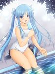  :d blue_eyes blue_hair collarbone food fuji-tan hair_ribbon highres long_hair looking_at_viewer mount_fuji one-piece_swimsuit open_mouth original personification pool poolside popsicle ribbon school_swimsuit sitting smile soaking_feet solo swimsuit twintails water wet white_school_swimsuit white_swimsuit yoshimura_kentaro 