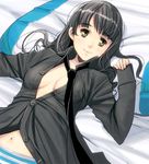  bad_id bad_pixiv_id black_hair blush breasts cleavage girl_with_golden_shoe kin_no_kutsu_gin_no_kutsu lying masao medium_breasts navel necktie on_back original panties pillow shirt smile solo striped striped_panties unbuttoned underwear upper_body yellow_eyes 