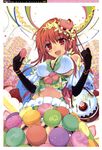  :d absurdres black_gloves breasts cake candy cleavage elbow_gloves food food_as_clothes from_below fruit girl's_avenue gloves highres jar konpeitou large_breasts long_hair looking_down macaron megami ninomoto non-web_source open_mouth red_eyes red_hair smile solo strawberry 