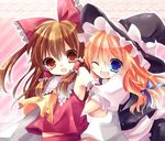  ascot bad_id bad_pixiv_id blue_eyes bow braid brown_eyes brown_hair detached_sleeves hair_bow hair_ribbon hakurei_reimu hat hat_ribbon kirisame_marisa kosuzume multiple_girls no_bra one_eye_closed orange_eyes red_eyes ribbon touhou witch_hat 