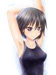  amagami arms_up bad_id bad_pixiv_id black_eyes black_hair competition_swimsuit highres nanasaki_ai one-piece_swimsuit shimoku short_hair solo swimsuit 