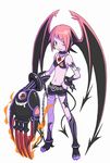  armband bat_wings bikini_top blush_stickers choker collar demon_tail earrings full_body hand_on_hip head_wings jewelry navel necklace official_art one_eye_closed ootsuka_shin'ichirou parted_lips pendant pink_hair purple_skin scarra shorts simple_background smile solo source_request summon_night summon_night_x tail white_background wings 