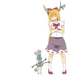  animal_ears blonde_hair bow bowtie crossed_arms grey_eyes horns ibuki_suika multiple_girls murata_(kendou) nazrin oni red_bow red_neckwear short_hair simple_background size_difference standing stick touhou white_background 