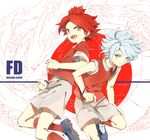  2boys blue_eyes dragon fire_dragon_(inazuma_eleven) inazuma_eleven inazuma_eleven_(series) multiple_boys nagumo_haruya red_hair shirt shoes short_hair sneakers soccer_uniform socks sportswear suzuno_fuusuke t-shirt white_hair yellow_eyes 