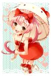  animal_themed_umbrella blush bow brown_eyes dress garter_straps happy hello_kitty hello_kitty_to_issho! highres long_hair nekomura_iroha parasol pink_hair ponytail smile solo tottsuan umbrella vocaloid 