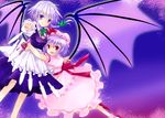  bat_wings braid hat izayoi_sakuya knife maid maid_headdress multiple_girls purple_hair red_eyes remilia_scarlet shiosumi_aya short_hair silver_hair touhou twin_braids wings 