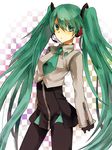  anko_(kirikiri) bad_id bad_pixiv_id checkered checkered_background gloves green_eyes green_hair hatsune_miku headset long_hair necktie pantyhose solo twintails very_long_hair vocaloid zipper 