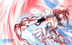  armpits bad_id bad_pixiv_id bare_shoulders breasts chain cleavage collar flying green_eyes highres ikaros large_breasts pink_hair ribbon solo sora_no_otoshimono thighhighs twintails wallpaper wings yoshiomi 