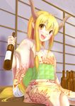  :d alcohol bad_id bad_pixiv_id blonde_hair bottle fang horns ibuki_suika japanese_clothes kimono long_hair nishiuri open_mouth pointy_ears sake sake_bottle sitting smile solo touhou veranda very_long_hair yellow_eyes 