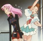  brown_hair cap pink_hair revolutionary_girl_utena school_uniform shinohara_wakaba shoryuken shoujo_kakumei_utena spandex tenjou_utena uppercut 