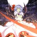  bat_wings blue_hair full_moon grin hat jurakin magic moon outstretched_hand polearm red_eyes remilia_scarlet short_hair smile smirk solo spear_the_gungnir touhou weapon wings 