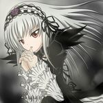  bad_id bad_pixiv_id flower frills gothic_lolita hairband hands_clasped lolita_fashion long_hair orange_eyes own_hands_together ribbon rozen_maiden silver_hair solo suigintou taka_(takalight) 